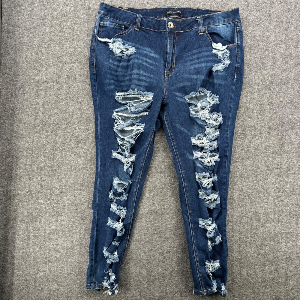 Traffic Jeans Wear Womens 18W Dark Wash Heavily Distressed Shredded Skinny Jeans